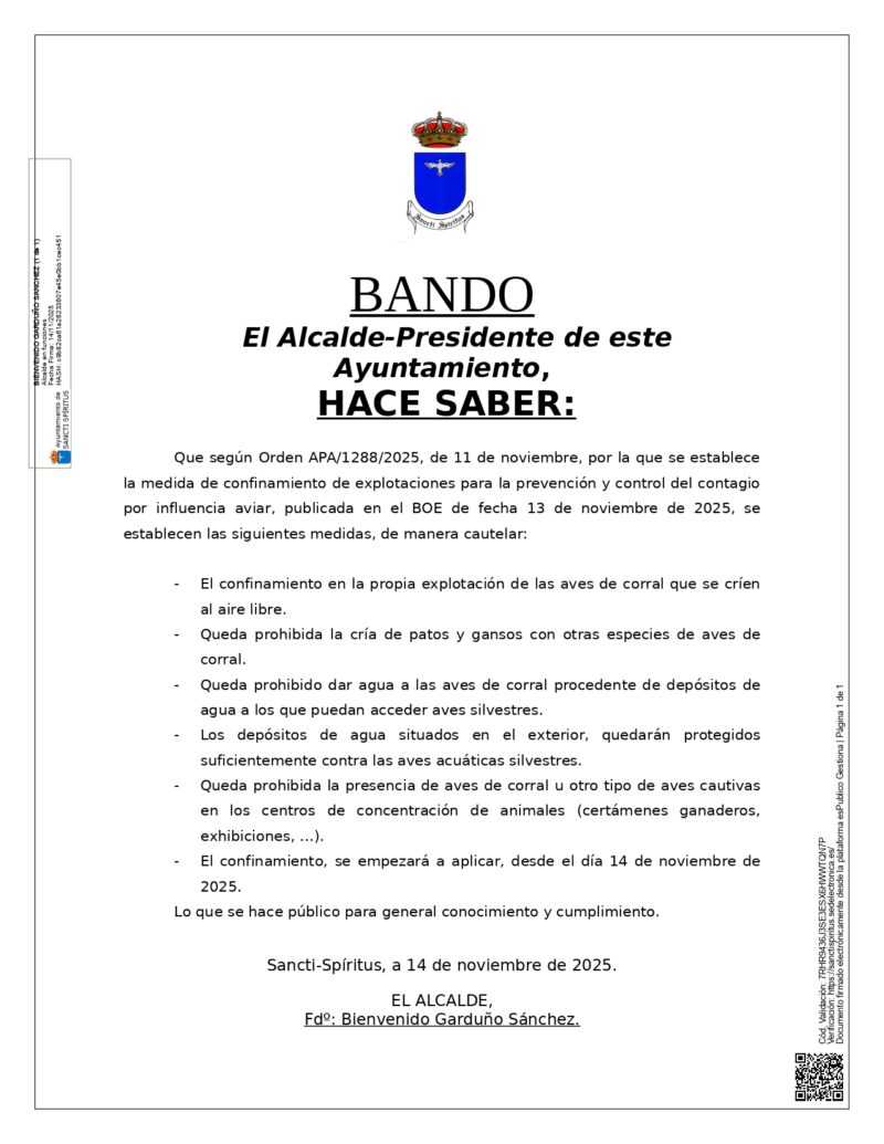 Medidas de confinamiento de explotaciones para la prevención y control del contagio por influenza aviar.