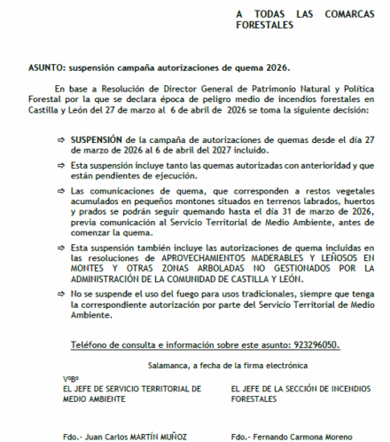 SUSPENSIÓN CAMPAÑA AUTORIZACIONES DE QUEMA 2026