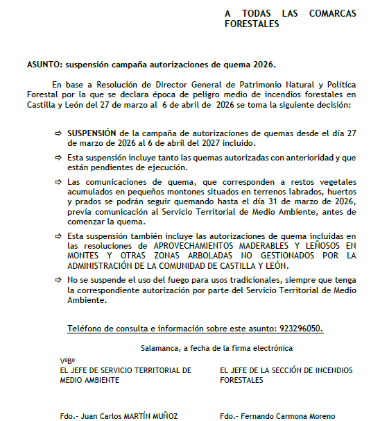 SUSPENSIÓN CAMPAÑA AUTORIZACIONES DE QUEMA 2026