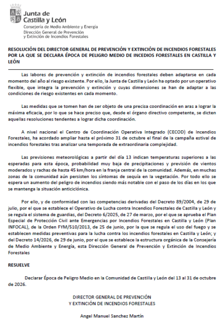 RESOLUCIÓN DEL DIRECTOR GENERAL DE PREVENCIÓN Y EXTINCIÓN DE INCENDIOS FORESTALES POR LA QUE SE DECLARA ÉPOCA DE PELIGRO MEDIO DE INCEDIOS FORESTALES EN CASTILLA Y LEÓN