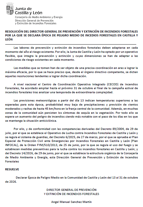 RESOLUCIÓN DEL DIRECTOR GENERAL DE PREVENCIÓN Y EXTINCIÓN DE INCENDIOS FORESTALES POR LA QUE SE DECLARA ÉPOCA DE PELIGRO MEDIO DE INCEDIOS FORESTALES EN CASTILLA Y LEÓN